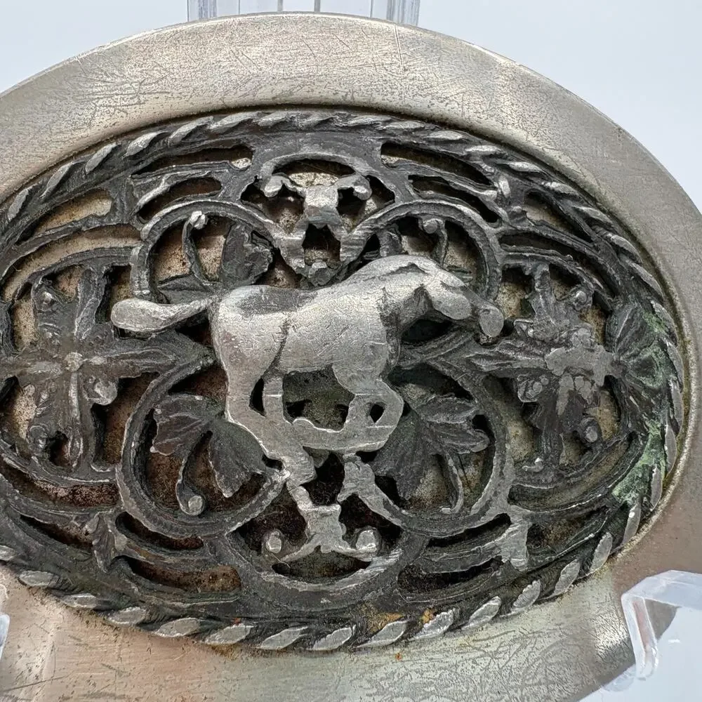 Vintage Handcrafted Horse Belt Buckle Oval Silver Tone Western Equestrian